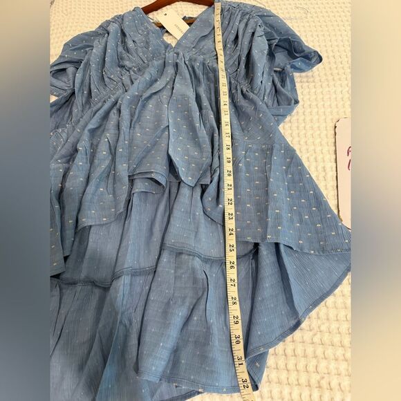 New AnnieWear Blue with Gold Boho Ruffled Asymmetrical Flowy Cap Sleeve Blouse - Picture 7 of 7